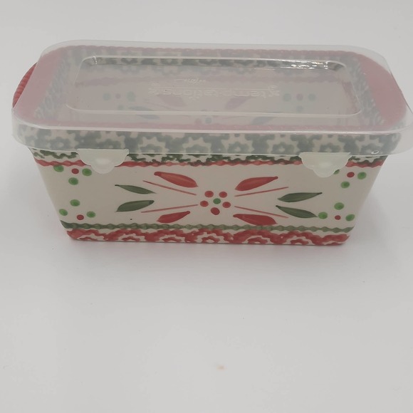 Temptations Mini 12 oz Stoneware Loaf Pan With Lid Lid Holiday Pattern - Picture 3 of 5